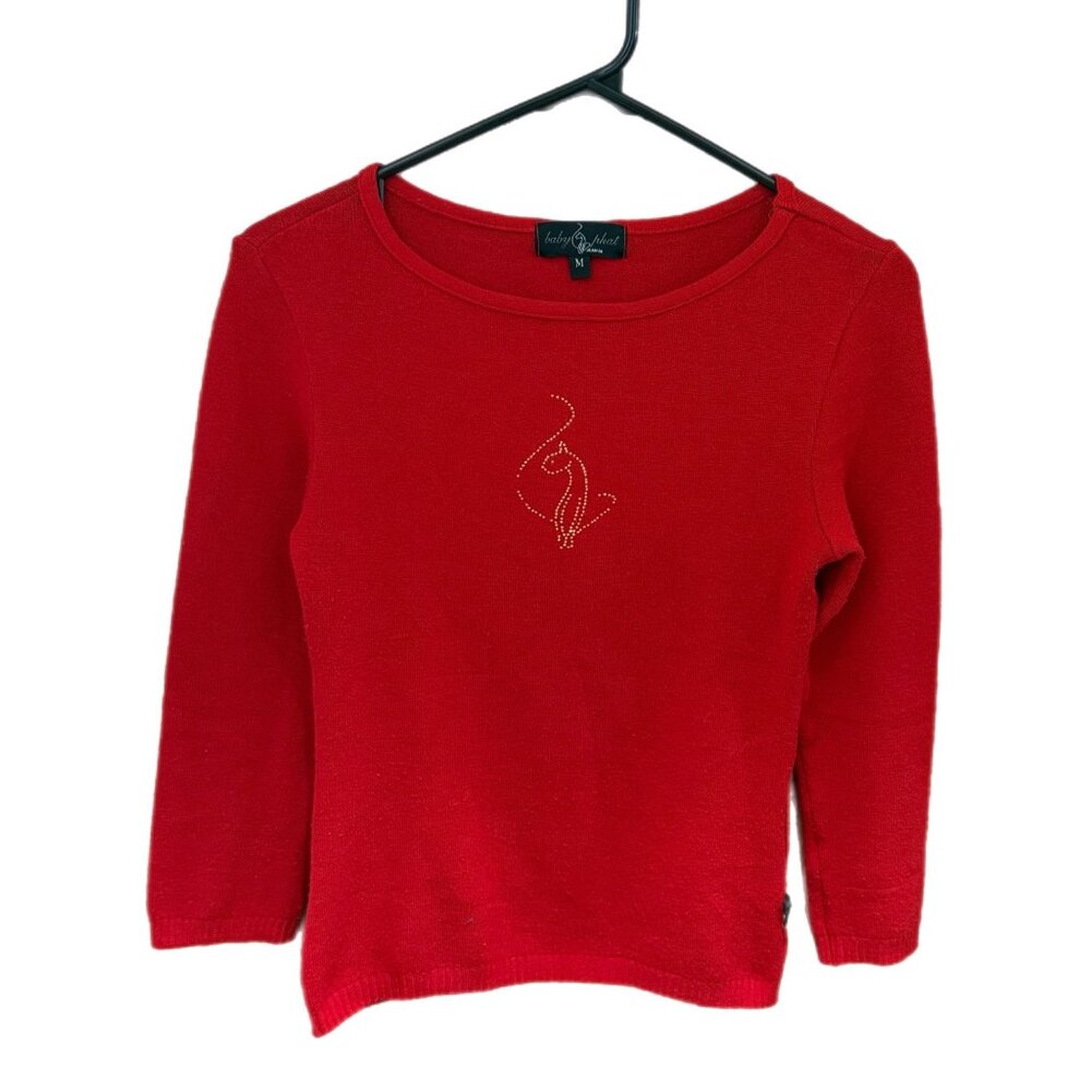 Baby Phat Juniors Medium Y2K Red Boat Neck Sweater Top Rhinestone Cat Logo Vtg